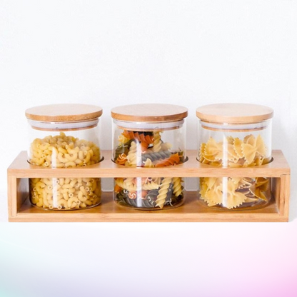 Borosilicate Glass Jars - 4 Piece Storage Borosilicate Glass Jars with Bamboo Lids and Stand Set