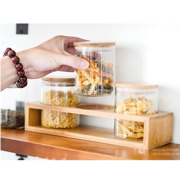 Borosilicate Glass Jars - 4 Piece Storage Borosilicate Glass Jars with Bamboo Lids and Stand Set