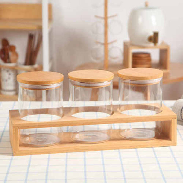 Borosilicate Glass Jars - 4 Piece Storage Borosilicate Glass Jars with Bamboo Lids and Stand Set