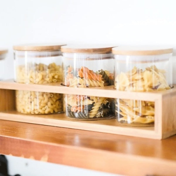 Borosilicate Glass Jars - 4 Piece Storage Borosilicate Glass Jars with Bamboo Lids and Stand Set