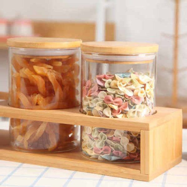 Borosilicate Glass Jars - 4 Piece Storage Borosilicate Glass Jars with Bamboo Lids and Stand Set