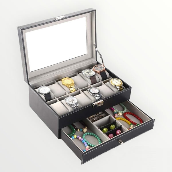 Jewelry Storage Case - Double Layer Jewelry Storage Box Organizer Watch Leather Case