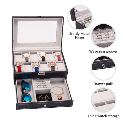 Jewelry Storage Case - Double Layer Jewelry Storage Box Organizer Watch Leather Case