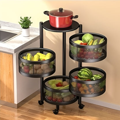 Rotating Storage Vegetable Cart - Kitchen Storage Rolling Mobile Metal Mesh Rack Vegetable Cart