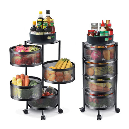 Rotating Storage Vegetable Cart - Kitchen Storage Rolling Mobile Metal Mesh Rack Vegetable Cart