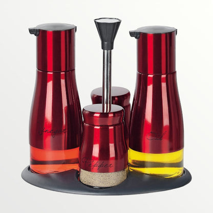 Kitchen Condiment Set - Red Modern Design Airtight Spices Storage Canister Set of 4 Pcs and Stand