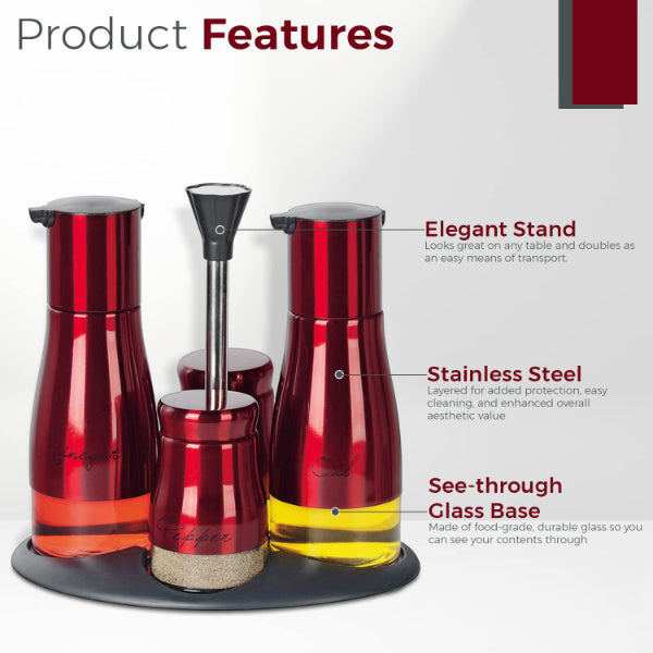 Kitchen Condiment Set - Red Modern Design Airtight Spices Storage Canister Set of 4 Pcs and Stand