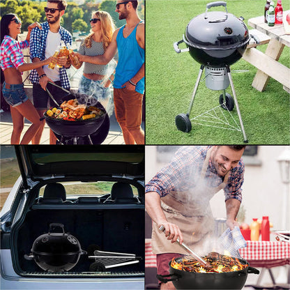 Round Portable Charcoal Barbecue Grill with Lid and Tong