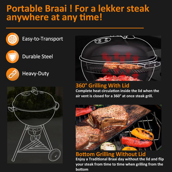 Round Portable Charcoal Barbecue Grill with Lid and Tong