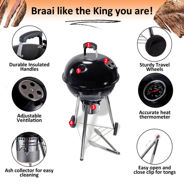 Round Portable Charcoal Barbecue Grill with Lid and Tong