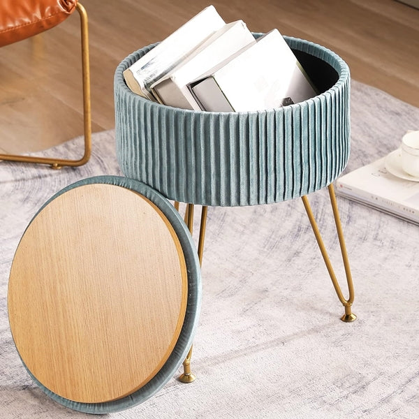 Round Storage Ottoman Velvet Upholstered Pleated Vanity Stool - Grey