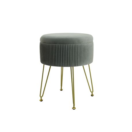 Round Storage Ottoman Velvet Upholstered Pleated Vanity Stool - Grey