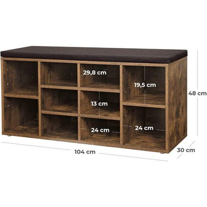 Bench Shoe Rack - Rustic Brown Entryway 10 Cubbies Bench Compartments Shoe Rack with Cushion