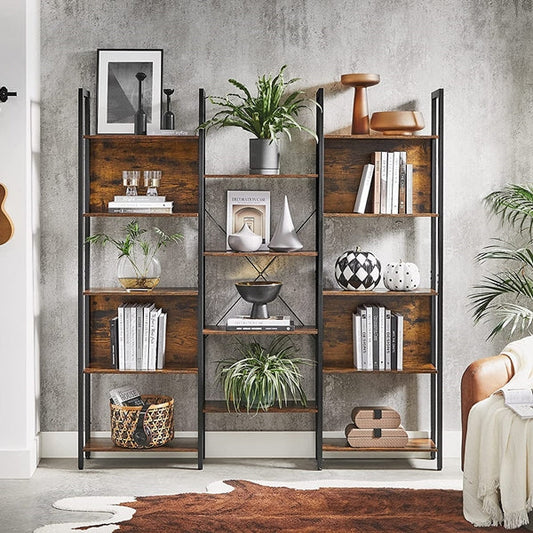 Metal Frame Bookcase - Rustic Brown and Black Triple Wide 5 Tier Bookcase with 14 Storage Shelves