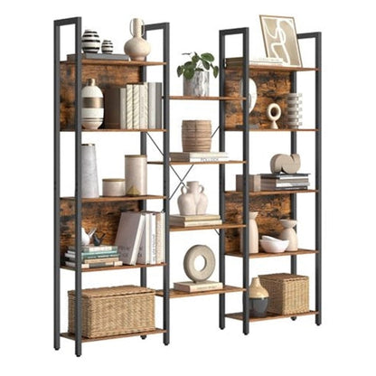 Metal Frame Bookcase - Rustic Brown and Black Triple Wide 5 Tier Bookcase with 14 Storage Shelves