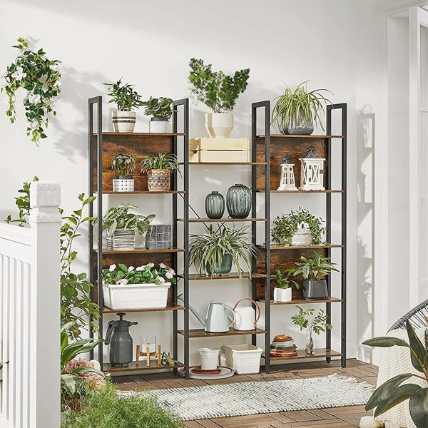 Metal Frame Bookcase - Rustic Brown and Black Triple Wide 5 Tier Bookcase with 14 Storage Shelves