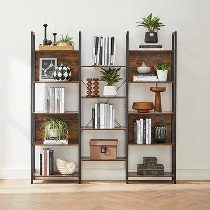 Metal Frame Bookcase - Rustic Brown and Black Triple Wide 5 Tier Bookcase with 14 Storage Shelves