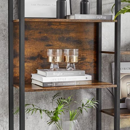 Metal Frame Bookcase - Rustic Brown and Black Triple Wide 5 Tier Bookcase with 14 Storage Shelves