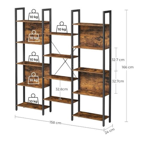 Metal Frame Bookcase - Rustic Brown and Black Triple Wide 5 Tier Bookcase with 14 Storage Shelves