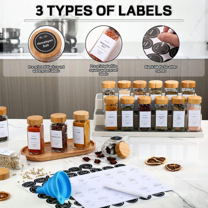 Glass Spice Jars - Set of 24 Glass Spice Jars with Bamboo Lids, Labels and Pen