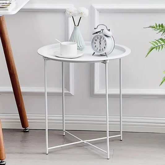 Side End Tables - Set of 2 Round White Metal Removable Tray Side End Tables