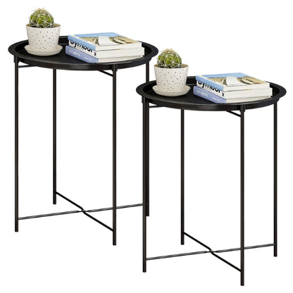 Side End Tables - Set of 2 Round Black Metal Removable Tray Side End Tables