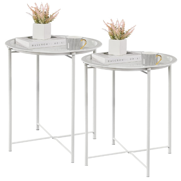 Side End Tables - Set of 2 Round White Metal Removable Tray Side End Tables