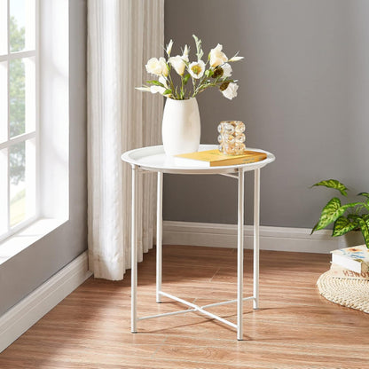 Side End Tables - Set of 2 Round White Metal Removable Tray Side End Tables