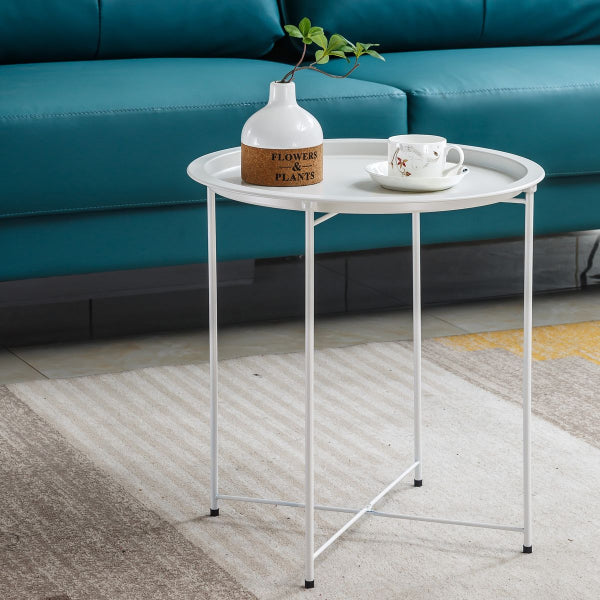 Side End Tables - Set of 2 Round White Metal Removable Tray Side End Tables