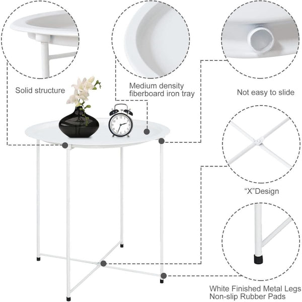Side End Tables - Set of 2 Round White Metal Removable Tray Side End Tables