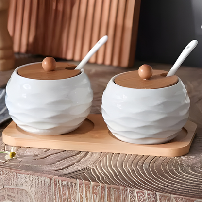 Set of 2 Spice Jars with Lids, Spoons and Wooden Holder