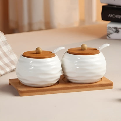 Set of 2 Spice Jars with Lids, Spoons and Wooden Holder