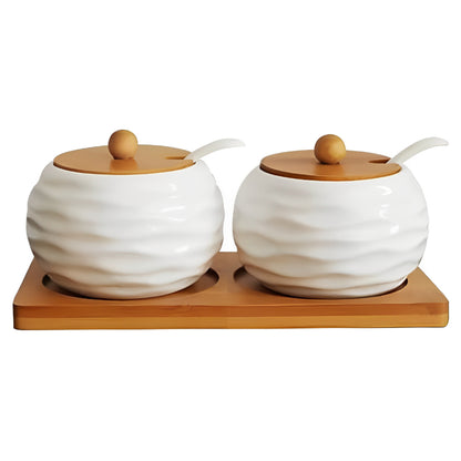 Set of 2 Spice Jars with Lids, Spoons and Wooden Holder
