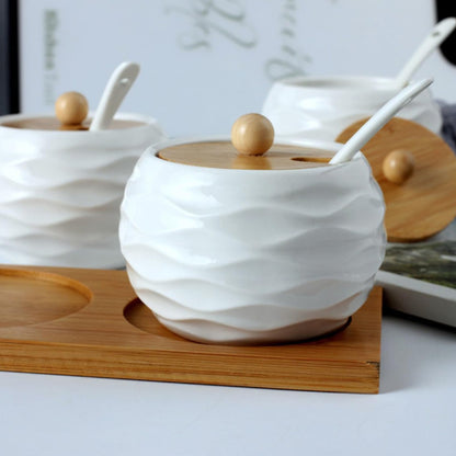 Set of 2 Spice Jars with Lids, Spoons and Wooden Holder