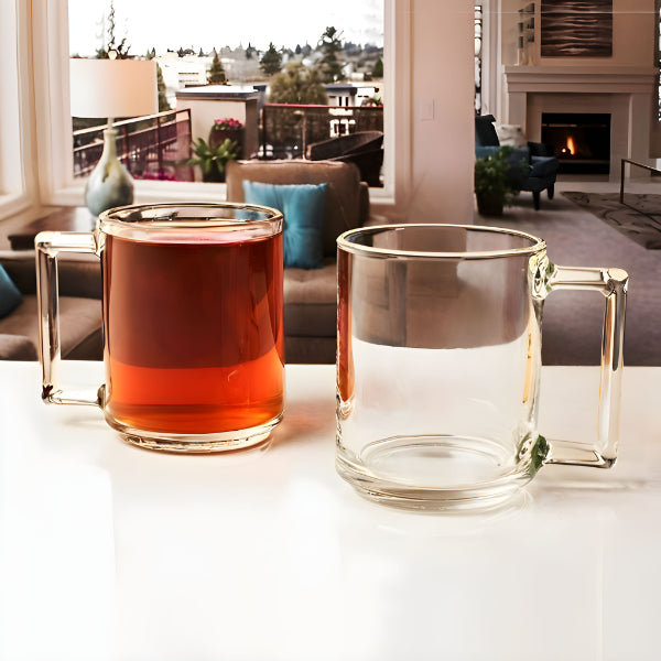 Glass Coffee Mugs - Set of 4 Clear Glass Tea Coffee Mugs with Handle for Easy Grip (255ml)