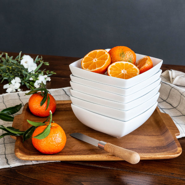 Serving Bowls - Set of 4 White Ceramic Square Modern 17.5cm Serving Bowls