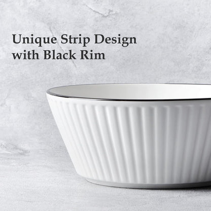 Set of 4 White with Black Rim Stackable Ceramic Simple Bowls (20 x 8 cm)