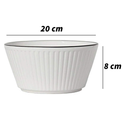 Set of 4 White with Black Rim Stackable Ceramic Simple Bowls (20 x 8 cm)
