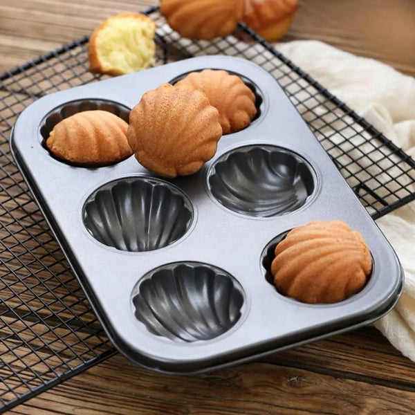 Muffin Baking Trays - Set of 2 Shell Shaped 6 Hole Non-Stick Flat Bottom Carbon Steel DIY Muffin Mold Baking Tray