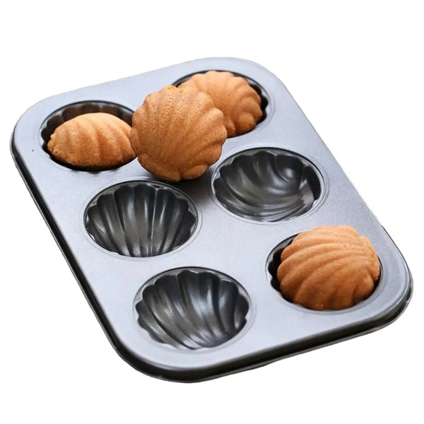 Muffin Baking Trays - Set of 2 Shell Shaped 6 Hole Non-Stick Flat Bottom Carbon Steel DIY Muffin Mold Baking Tray