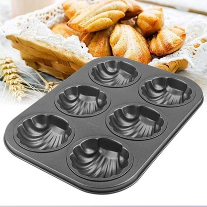 Muffin Baking Trays - Set of 2 Shell Shaped 6 Hole Non-Stick Flat Bottom Carbon Steel DIY Muffin Mold Baking Tray