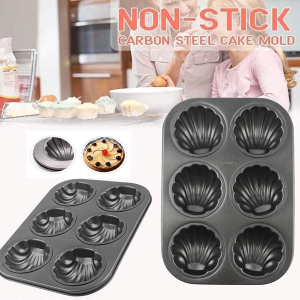 Muffin Baking Trays - Set of 2 Shell Shaped 6 Hole Non-Stick Flat Bottom Carbon Steel DIY Muffin Mold Baking Tray