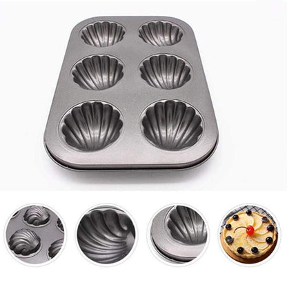 Muffin Baking Trays - Set of 2 Shell Shaped 6 Hole Non-Stick Flat Bottom Carbon Steel DIY Muffin Mold Baking Tray