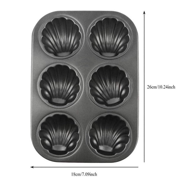 Muffin Baking Trays - Set of 2 Shell Shaped 6 Hole Non-Stick Flat Bottom Carbon Steel DIY Muffin Mold Baking Tray