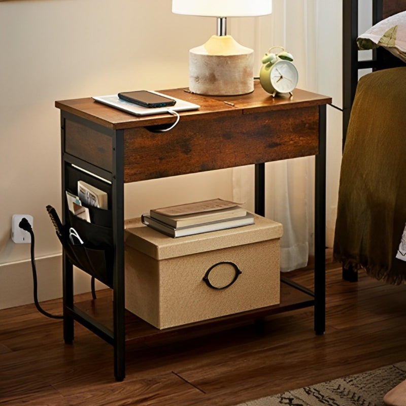 Side Table with Storage with Charging USB Ports, Fabric Bags and Power Outlet