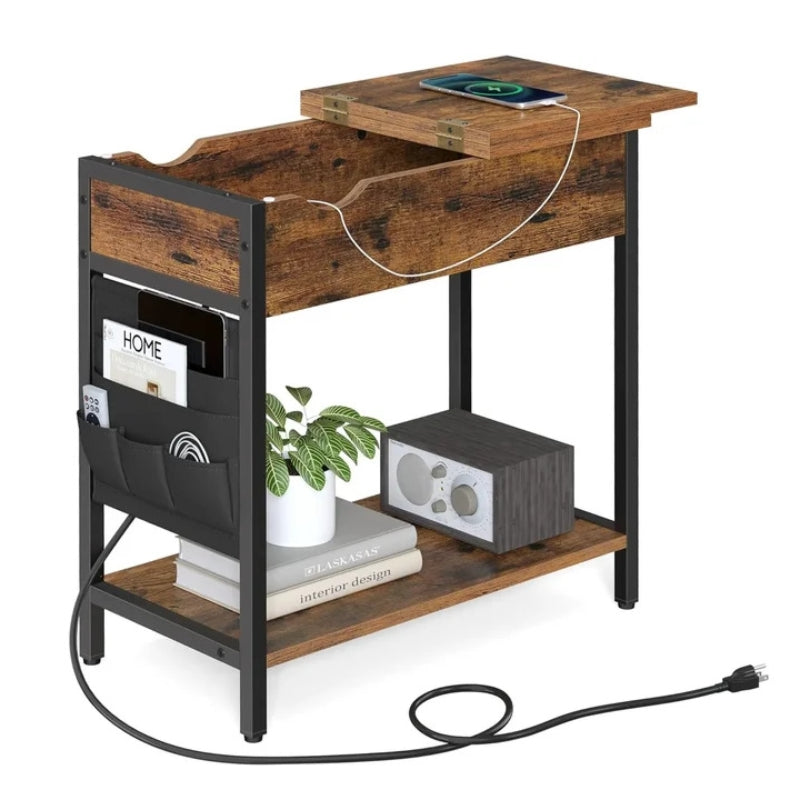 Side Table with Storage with Charging USB Ports, Fabric Bags and Power Outlet