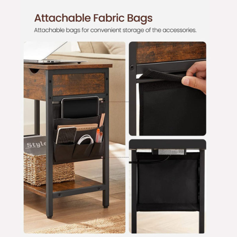 Side Table with Storage with Charging USB Ports, Fabric Bags and Power Outlet