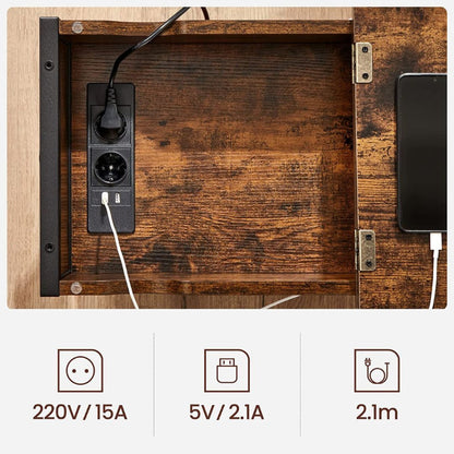 Side Table with Storage with Charging USB Ports, Fabric Bags and Power Outlet