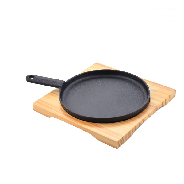 Cast Iron Pan - Sizzling Plate Cast Iron Skillet Round Pan with Handle and Wooden Base Board