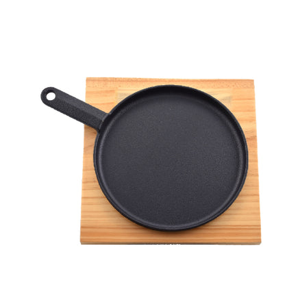 Cast Iron Pan - Sizzling Plate Cast Iron Skillet Round Pan with Handle and Wooden Base Board